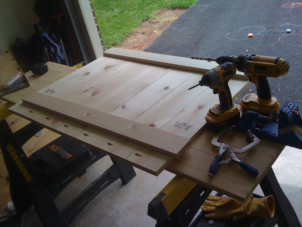 Wooden headboard drilled wth the help of a pocket hole jig