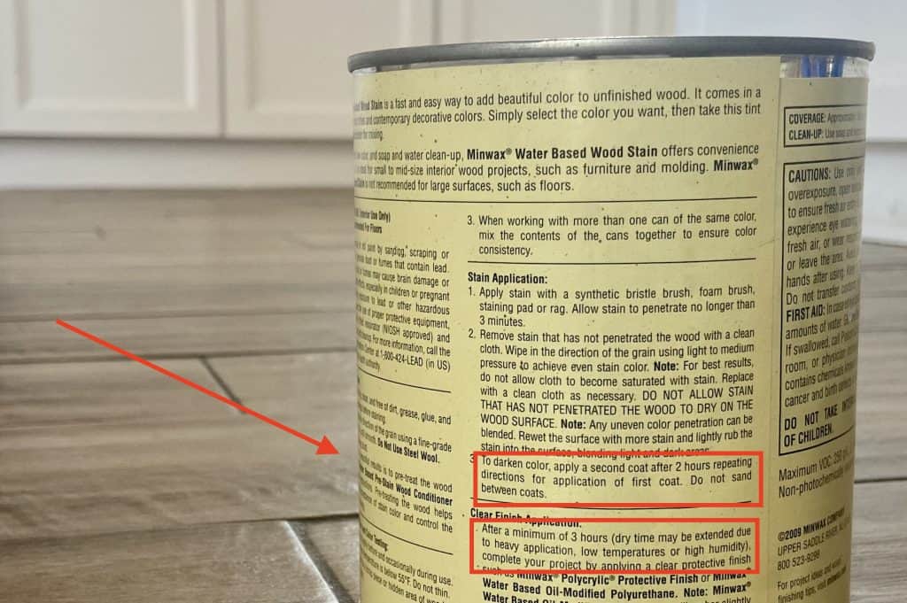 Drying time instructions located in a can of wood stain