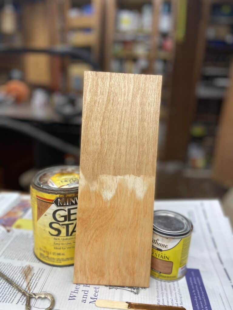 Piece of wood applied with two different kinds of wood stain