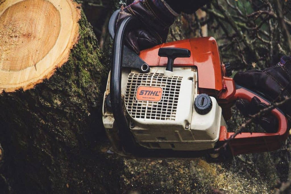 Person using a chainsaw to cut a tree trunk