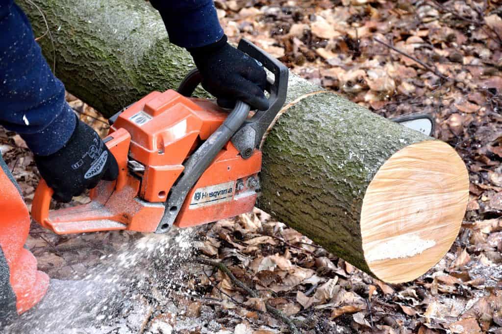 A person wearing gloves and long sleeves uses an orange chainsaw in cutting wood