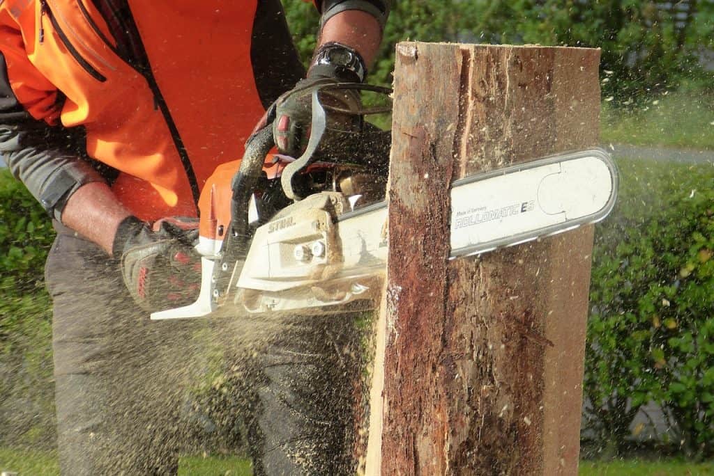 A person wearing black and red gloves is holding a silver and orange Stihl chainsaw